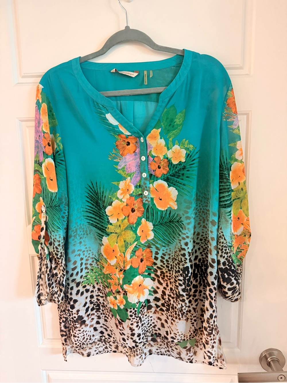 Soft Surroundings Teal Green Floral Blouse